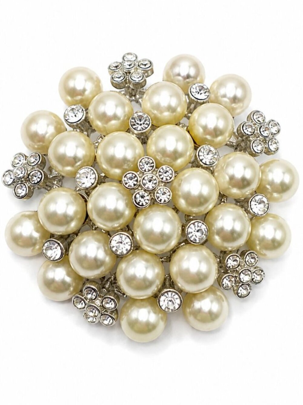 Vintage Silver Tone Wedding Faux Pearl & Crystal Cluster Brooch Pin 2”